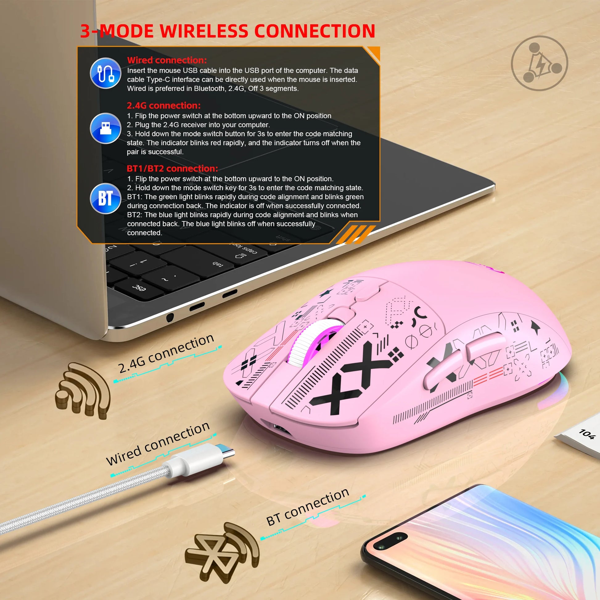 3-Mode Wireless Gaming Mouse RGB Macro Ergonomic - Dude Essentials