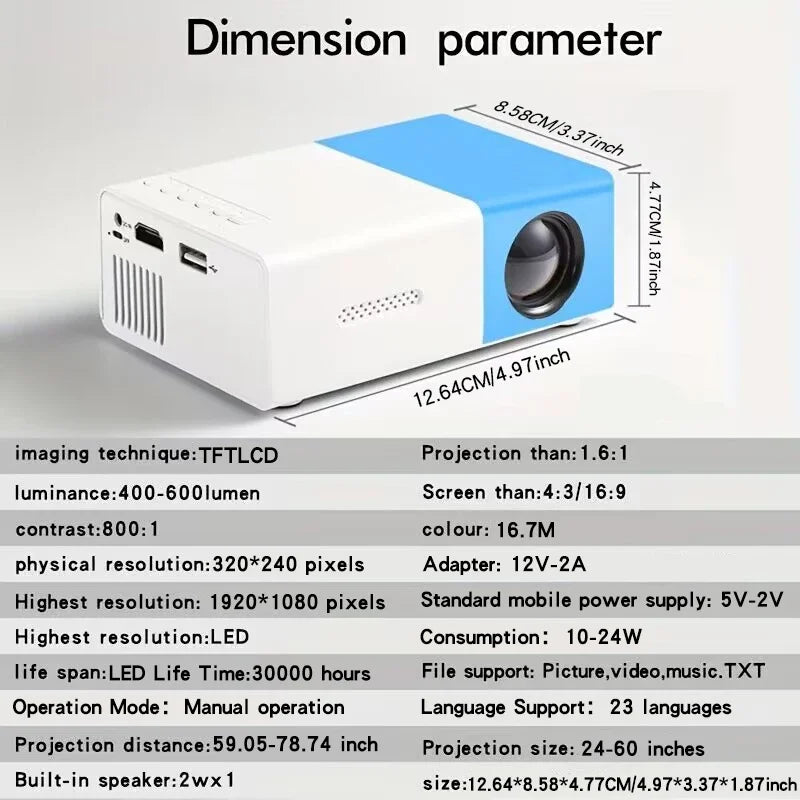 Mini projector LED portátil YG300 HDMI, USB, TF audio