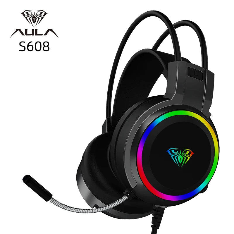 AULA S608 Wired Gaming Computer Headset USB/3.5mm RGB Backlight - Dude Essentials