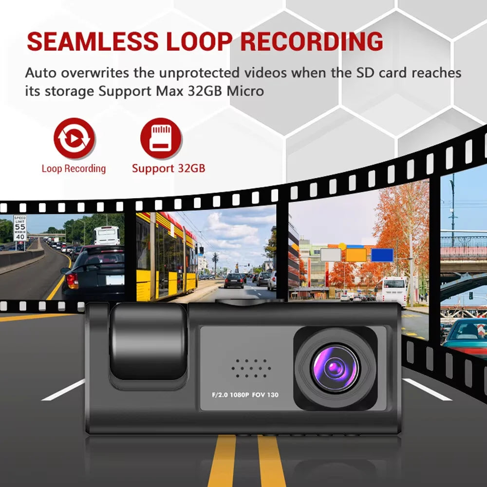 Dash Cam W/ IR Night Vision Loop Recording & 2" IPS Screen 1080P 2 Camera - Dude Essentials