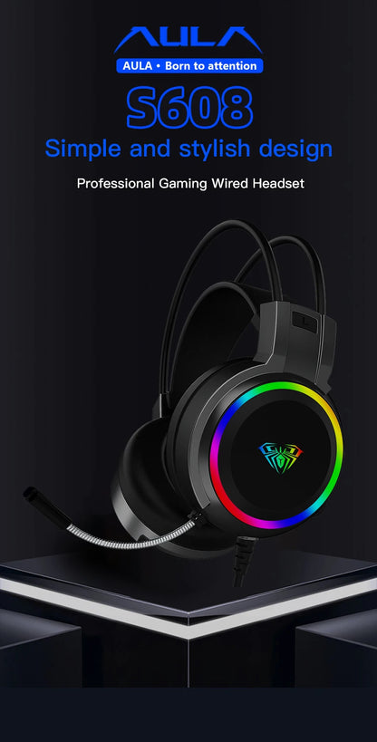 AULA S608 Wired Gaming Computer Headset USB/3.5mm RGB Backlight - Dude Essentials
