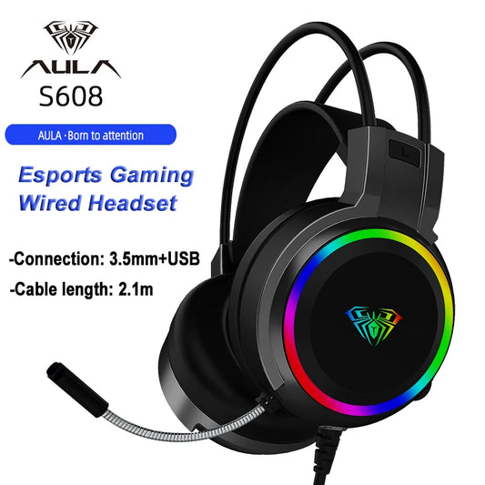 AULA S608 Wired Gaming Computer Headset USB/3.5mm RGB Backlight - Dude Essentials