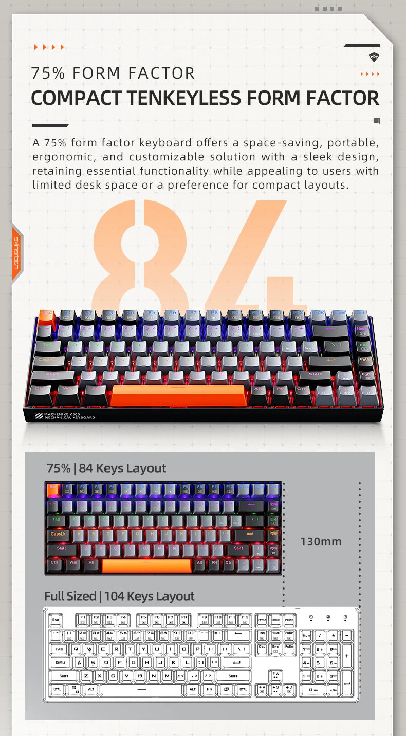 Machenike K500A-B84 75% TKL Hot-Swappable Wired Gaming Keyboard - Dude Essentials