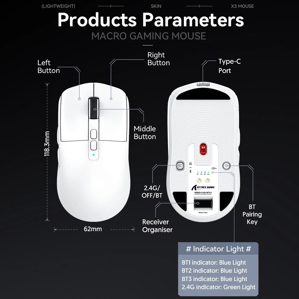 X6 Lightweight Wireless Gaming Mouse with 3 Mode Wired 2.4G - Dude Essentials