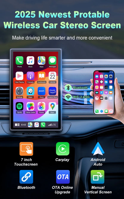 7 inch Portable Multimedia Player Carplay AI Screen IPS Touch Screen GPS Navigation Bluetooth Support - Dude Essentials