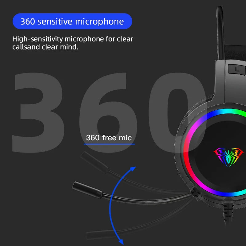 AULA S608 Wired Gaming Computer Headset USB/3.5mm RGB Backlight - Dude Essentials